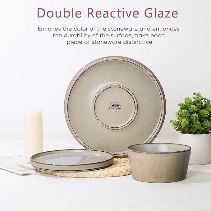 Herogo Stoneware Plates and Bowls Sets for 4, 12 Pieces Modern Dinnerware, Reactive Glaze Dishes Set for Kitchen, Chip Resistant, Microwave & Dishwasher Safe, Cream Khaki
