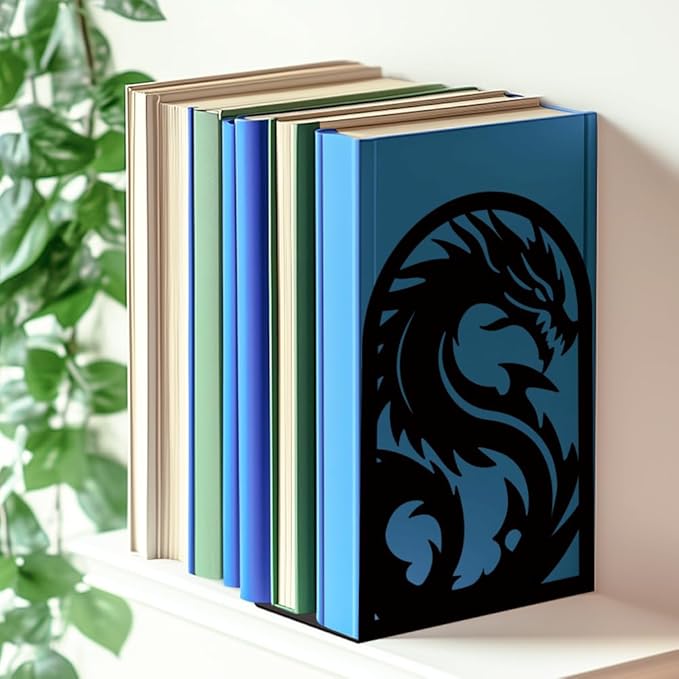 INFUNLY 1 Pair Dragon Book Ends for Shelves Loong Non-Skid Metal Bookshelf Holder Stand Black Book Stopper Support for Desktop 7.1x4.7x3.5 for Home Office Library School Kitchen Decor