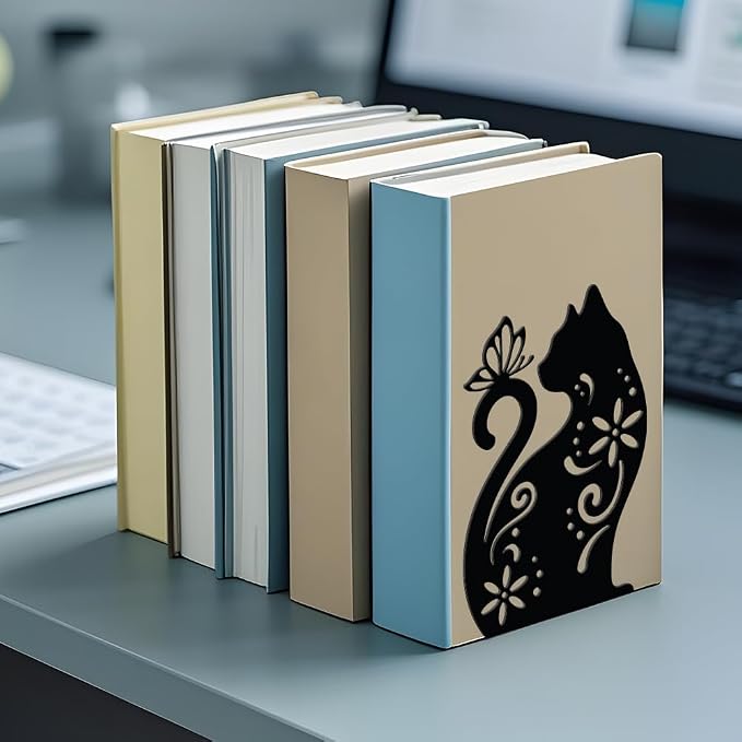 WADORN Cat Flowers Metal Bookends for Shelves Decorative 1 Pair, Animal Heavy Duty Books End Support Non-Skid Book Holder Black L-Shaped Book Stopper for Home Office Desk Book Divider, 4.7x3.5x7 Inch