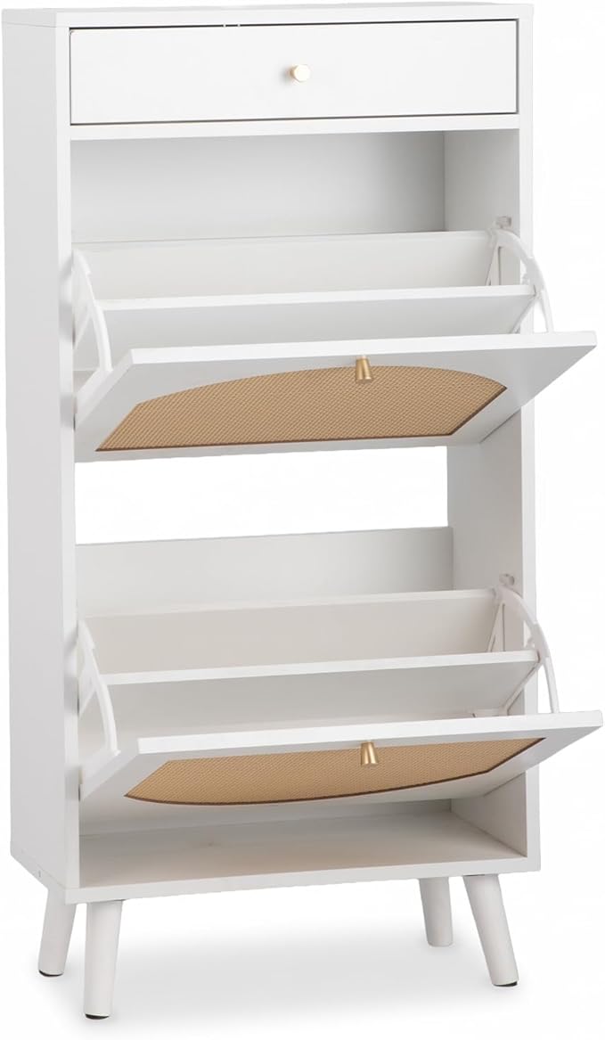 VINGLI Rattan Shoe Cabinet, White Slim Shoe Storage Cabinet for Entryway, Modern Boho 2 Flip Drawer Shoe Rack Organizer with Top Drawer, Narrow Hidden Shoe Storage for Hallway, 21.3" W x 9.4" D