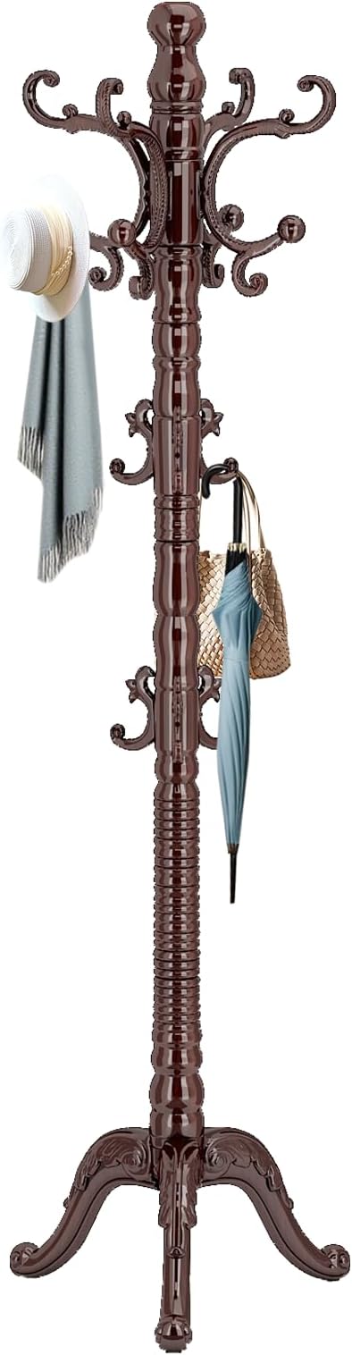 Wooden Coat Rack Stand, Solid Wood Freestanding Coat Rack, Vintage Coat Racks with 14 Hooks & Triangle Base, Standing Coat Hanger Jacket Tree Stand for Office, Entryway, Hallway