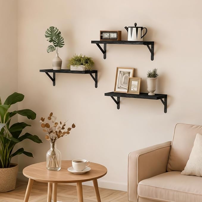 Fixwal Black Shelves for Wall, Wood Wall Mounted Floating Shelves for Bedroom, Bathroom, Living Room, Kitchen Storage and Decor(Black, Set of 3, 16.5 Inch)