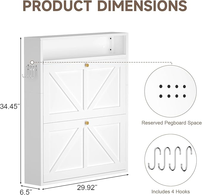 Shoe Storage Cabinet for Entryway, 2 Flip-Down Floating Hidden Shoe Rack, Ultra Slim Wall Mounted Steel Shoe Organizer for Small Spaces, Modern Front Door Shoe Storage, Anti-Tip, White