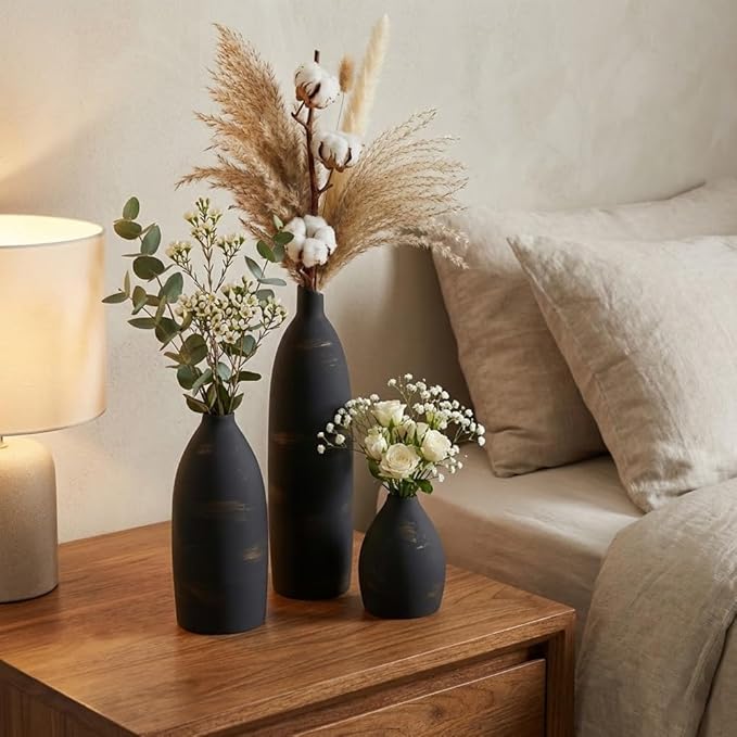Matte Black Ceramic Vase Set of 3, Black Vase Set for Home Decor, Modern Farmhouse Bud Vases for Flowers, Watertight Small Vases, Non Slip Pads for Shelf Decor, Table Centerpieces
