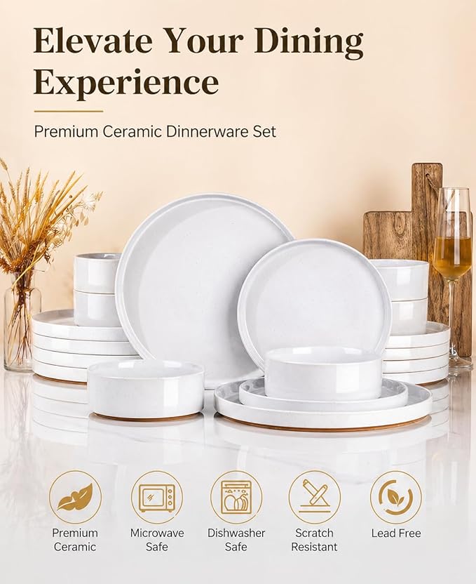 AmorArc Ceramic Dinnerware Set for 4 | Speckled Stoneware Plates and Bowls with unglazed terracotta | Scratch Resistant, Dishwasher & Microwave Safe Dishes Sets- 12-Pcs Milk White