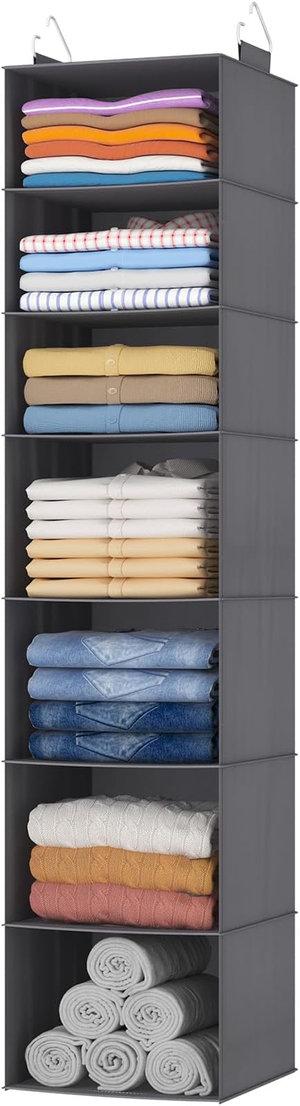 Lifewit 7 Tier Hanging Closet Organizer and Storage for Shelves, Foldable Clothes Storage Shelf with 2 Sturdy Hooks for Clothing Organization, Dorm Room Essentials for Guys, Gray