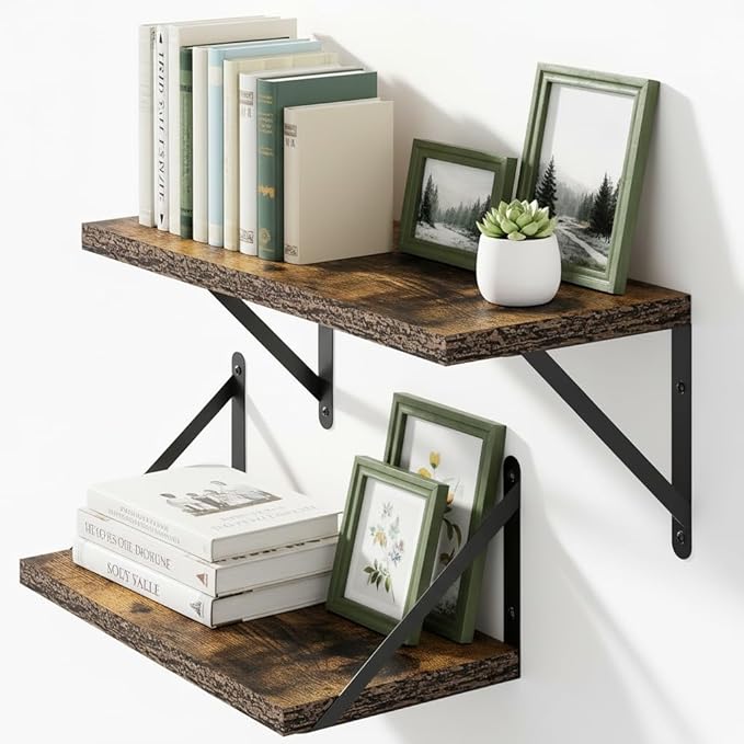Vivelove Floating Shelves for Wall 16inch, 8 Deep Wood Wall Shelves Set of 2, for Bathroom Living Room Kitchen Office Bedroom Laundry Room and Decor Storage, Shelf with Metal Bracket - Rustic Brown