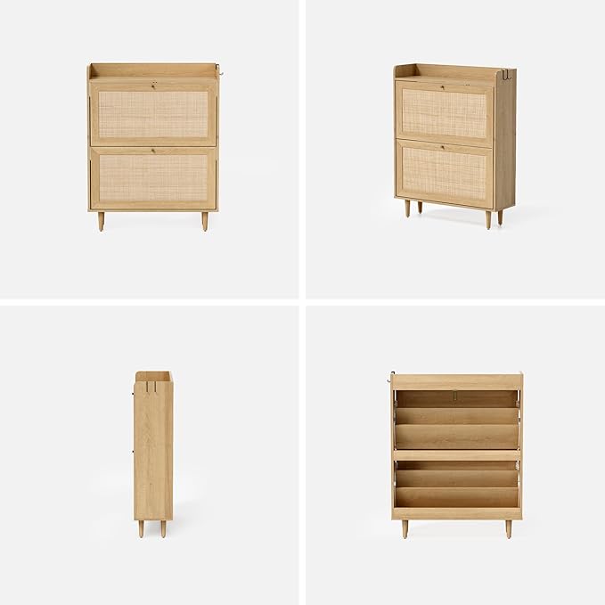 EYYTHUNG Rattan Shoe Cabinet Set of 2, Farmhouse Shoe Organizer with 2 Flip Drawers, Boho Wooden Hidden Slim Narrow Shoe Rack Cabinet for Entryway, Hallway, Natural Oak