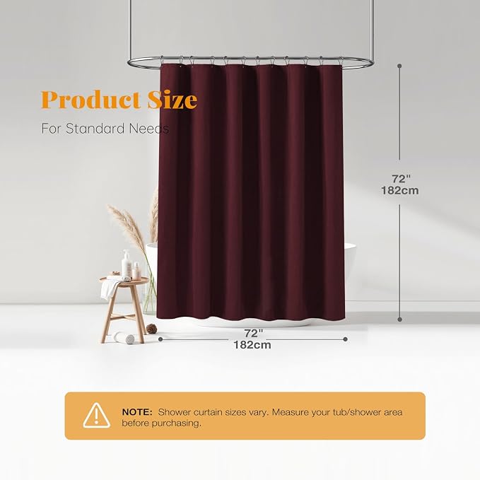 BTTN Burgundy Shower Curtain - Linen Textured Heavy Duty Waterproof Cloth Shower Curtain Set with 12 Plastic Hooks, Hotel Spa Luxury Simple Decorative Thick Fabric Shower Curtains for Bathroom - 72x72