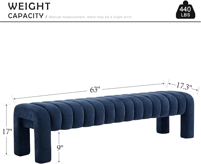 63" Bedroom Bench, Upholstered Entryway Bench, Modern End of Bed Ottoman with Solid Wood Legs and Adjustable Foot Pegs for Entryway, Dining Room and Living Room (Blue Chenille)
