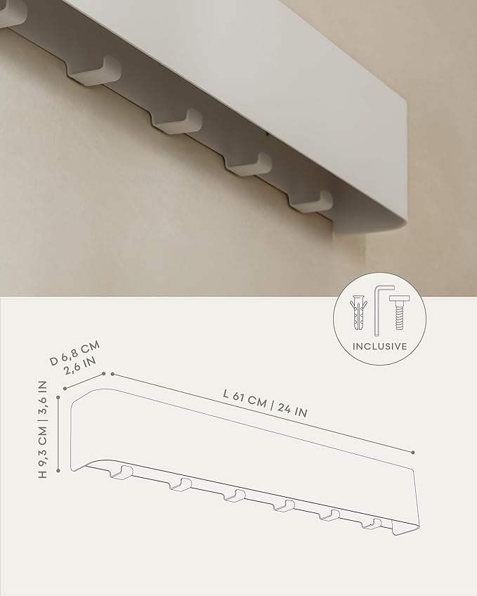 Kazai. Coat Rack Wall Mount with Shelf 'Tone' | Modern Design Coat Hanger with Hidden Hooks and Storage | Hat Rack with Shelf in Metal | Wall-Mounted Purse Organizer | White