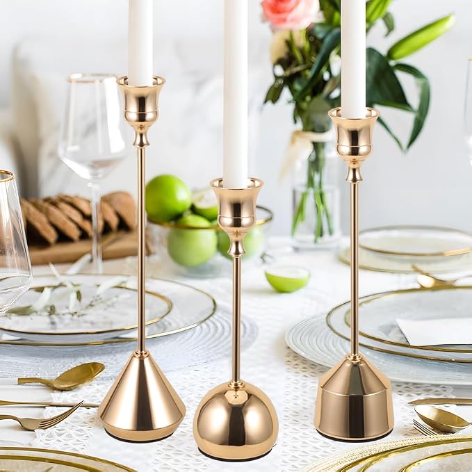 Elegant Vintage Champagne Gold Candlestick Holders, Set of 3 Taper Candle Holders with Weighted Base for Wedding, Dining Table, Holiday Decor