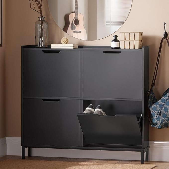 Haotian Ultra Thin Shoe Cabinet with 4 Flip-Drawers, Narrow Shoe Rack, Slim Shoe Storage Organiazer Entryway, Black, FSR100-W, 7.5" D x 39.4" W x 35.6" H