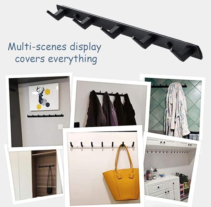 Wall Mounted Coat Racks with 7 Hooks Hanging Holder Towel Rack 25.7"x1.3" Modern Black Hanging for Clothes Entryway Bathroom (7 Hooks)