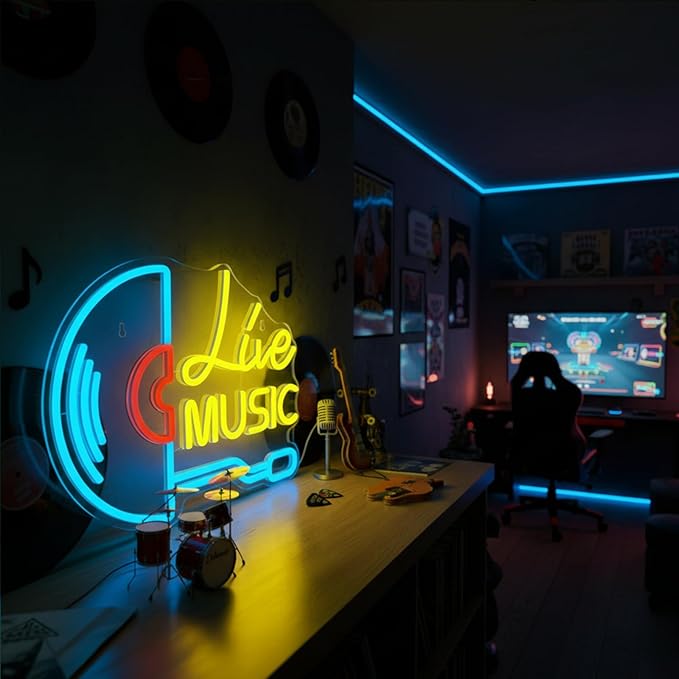Live Music Neon Sign Handcrafted LED Neon Lights for Bar, Man Cave, Nightclub & Music Room, USB Powered Acrylic Neon Sign for Home Bedroom, Music Stadio & Party Vibes