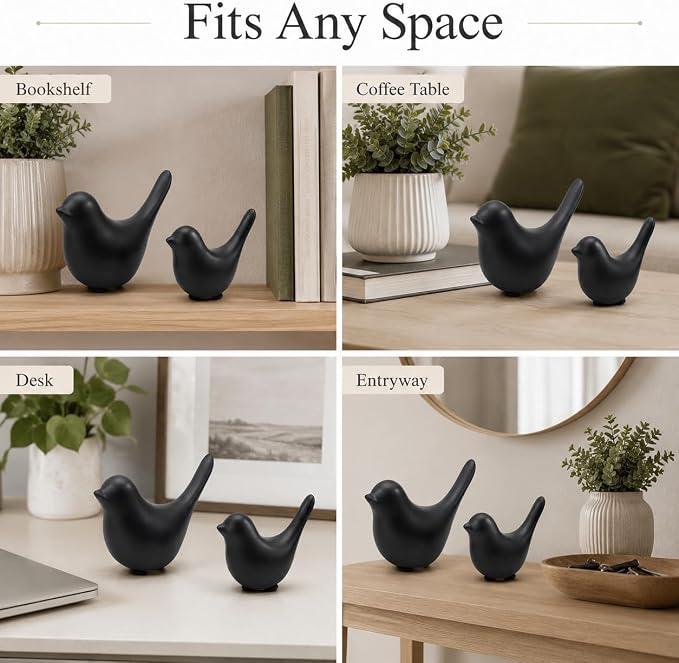2 Pcs Ceramic Bird Figurines, Black Bird Statues for Home Decor Accents, Small Animal Sculptures for Shelf, Bookshelf, Coffee Table, Living Room, Bedroom, Office and Modern Table Decor