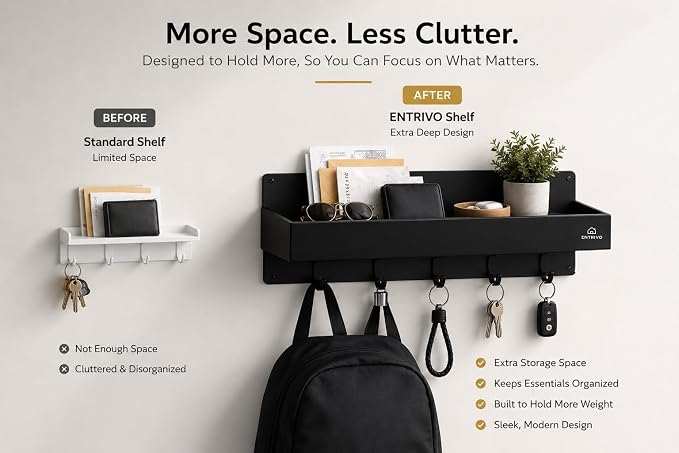 Modern Large Wall Mounted Key Holder with Deep Shelf, Entryway Organizer with 5 Heavy Duty Hooks, Metal Key Rack for Wall, Mail Holder & Dog Leash Hanger, Black