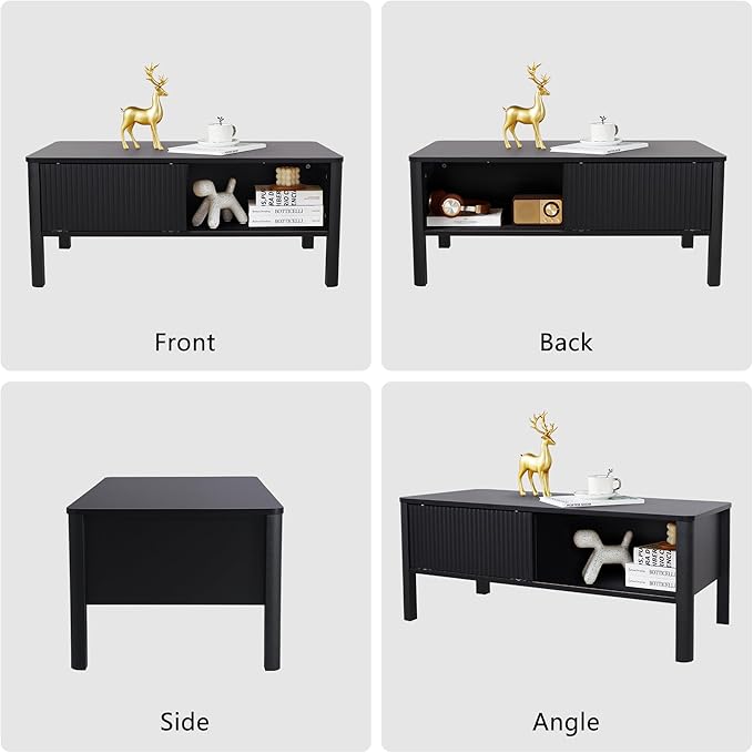 Rectangle Fluted Coffee Table with Storage and Sliding Drawers, Small Low Black Coffee Table, Mid Century Modern Coffee Table for Living Room