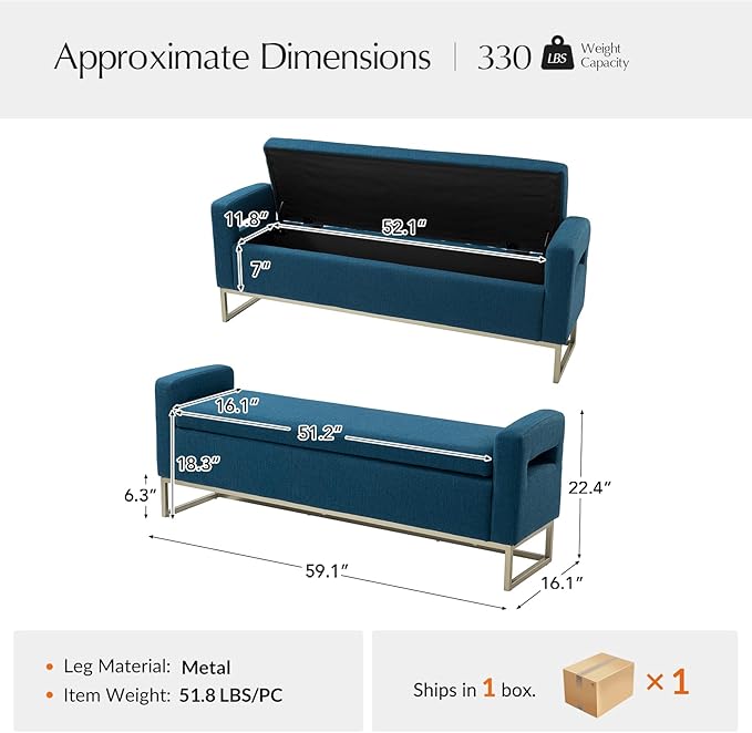 58.4" Ottoman with Storage,Upholstered Entryway Bench for Bedroom and Living Room,End of Bed Bench with Metal Base，Navy