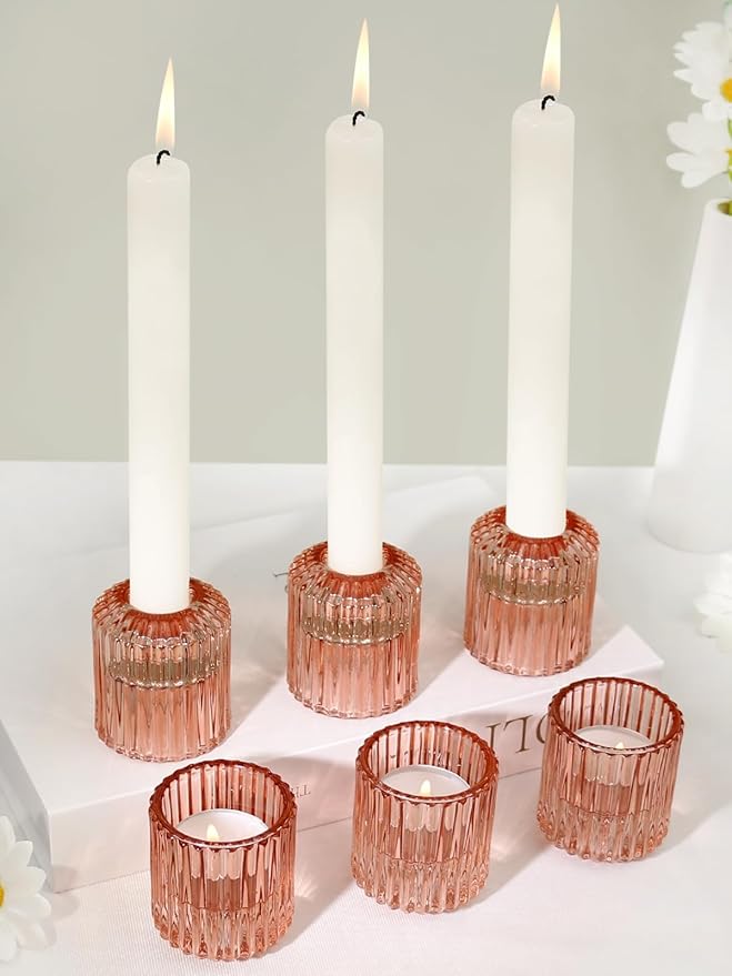 Reversible Rde Glass Candle Holder Set of 6, Thick Heat-Resistant Glass Candlestick Holders for Taper, Tealight, Votive, LED Candles, Perfect for Wedding, Party, Home Décor