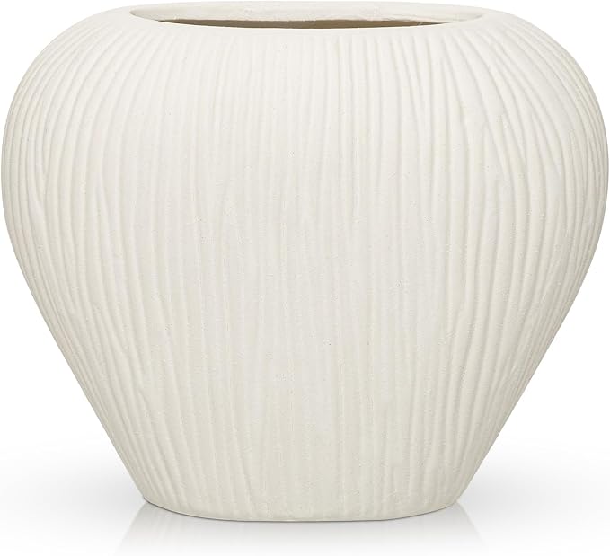 Slim Flat Ceramic Vase for Home Decor, 7" Ribbed Modern Flower Vase, Space-Saving Narrow Decorative Vase for Pampas Grass Artificial Flowers, Farmhouse Boho Table Centerpiece, White
