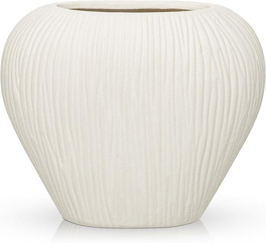 Slim Flat Ceramic Vase for Home Decor, 7" Ribbed Modern Flower Vase, Space-Saving Narrow Decorative Vase for Pampas Grass Artificial Flowers, Farmhouse Boho Table Centerpiece, White