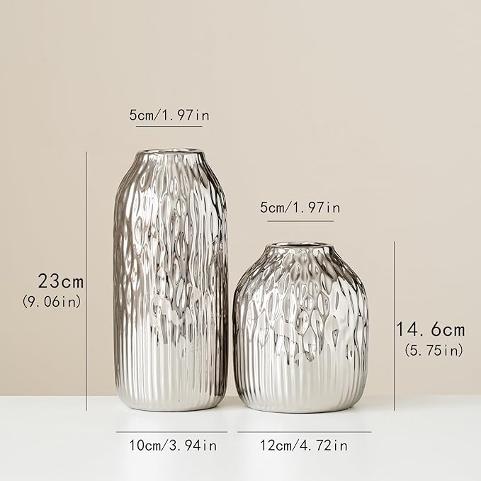 White Ceramic Flower Vase Set of 2, Porcelain Cylindrical Dried Flowers Holder, Decorating for Drawing Room/Table/Study/Office Entryway, Modern Simple Boho Style (Silvery)