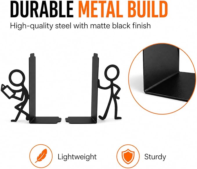 Metal Bookends for Bookshelf, Desk, Home & Office, Decorative Stick Figure Book Holder, Space-Saving, Sturdy, Non-Slip Pads, Supports More Books, Lightweight 6.7"x5.9"x1.4"
