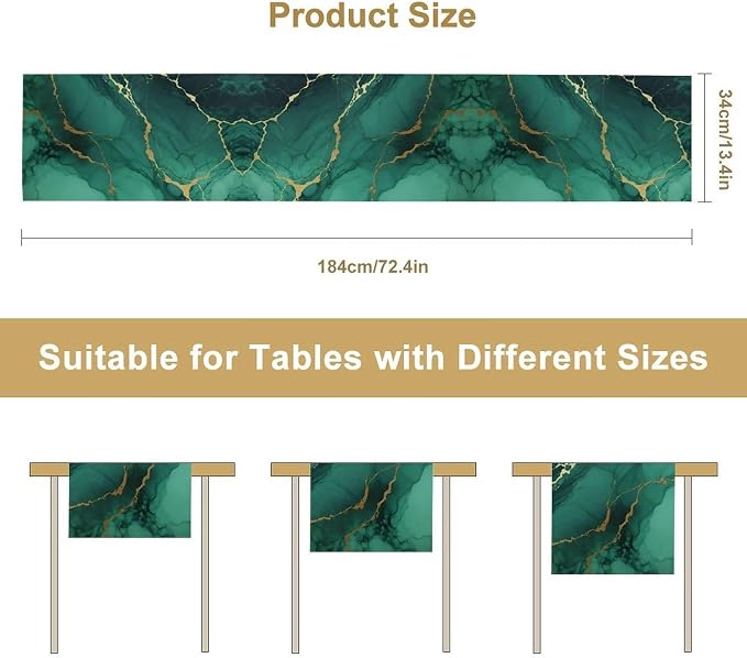 Luxurious Teal Marble Table Runner, Dark Green Gold Textured Art Accent Table Runner for Kitchen Dining Cafe Party Home Decor, 13x90 Inch