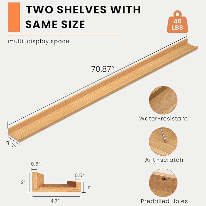 Heimlove Picture Ledge Shelf, Floating Shelves Set of 2, 72 Inches Long Large Picture Shelf for Wall with Ledge, Kids Bookshelf Wall Mounted for Living Room Bedroom Decor Books Photo Frames, Oak