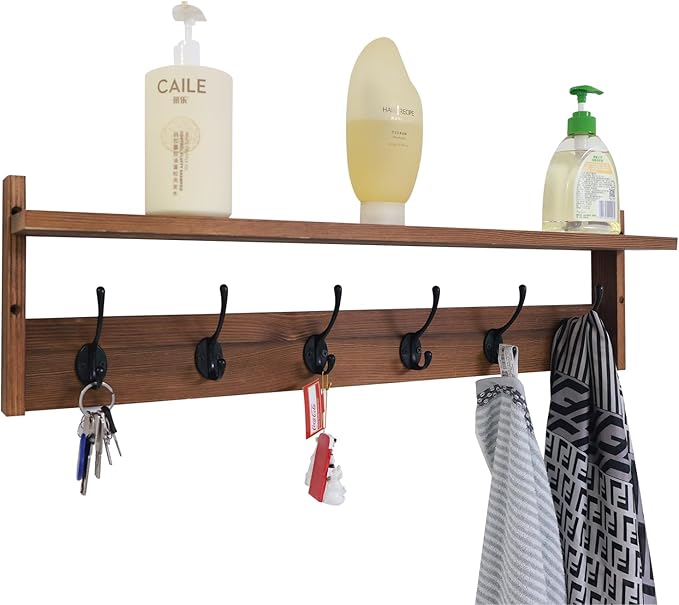 ArtBeek 29.2” Coat Rack Wall Mount with Shelf, Entryway Wall Hooks with Shelf, Coat Hangers for Bathroom, Living Room, Bedroom, Rustic Black