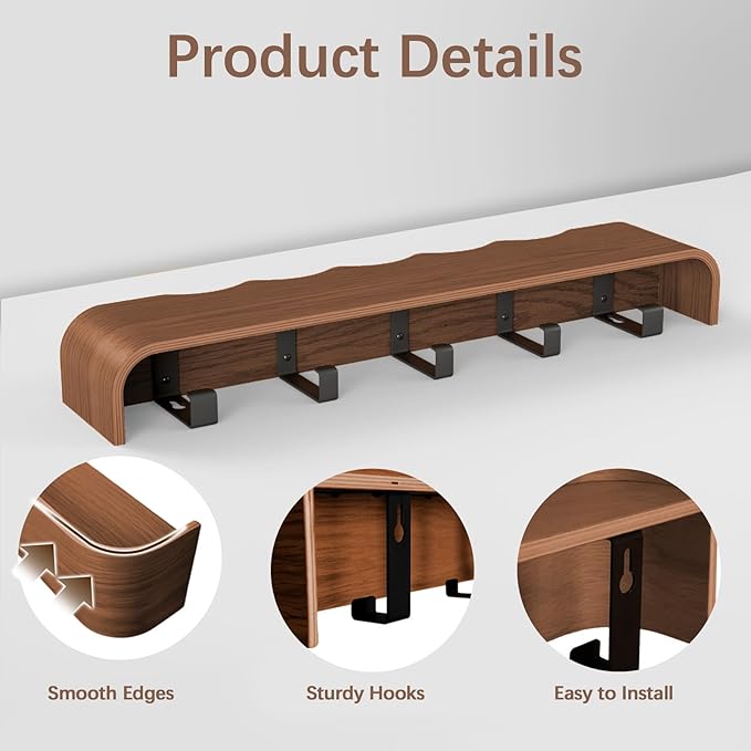 Coat Rack Wall Mount with Hidden Hooks, Wall Hooks with Shelf, Wall Key Holder Mount Wooden Shelf Entryway Hooks for Bedroom Bathroom for Hanging Coats Hats Bags Towels (Walnut Wave-Shape, 5 Hooks)