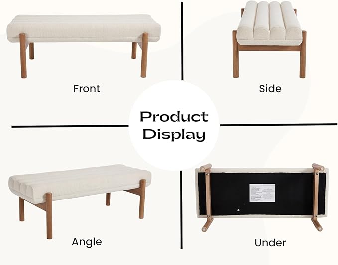 EALSON 47 Inch Entryway Bench Fabric Upholstered End of Bed Bench Modern Bedroom Bench with Cylindrical Cushion and Solid Wood Frame Comfy Chenille Long Ottoman Bench for Bedroom Living Room, Beige