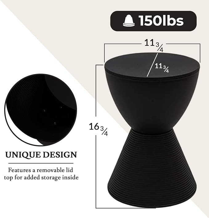 LeisureMod Black Side Table – Modern Hourglass Drum End Table with Storage, Removable Lid – Compact Accent Table for Indoor & Outdoor Use