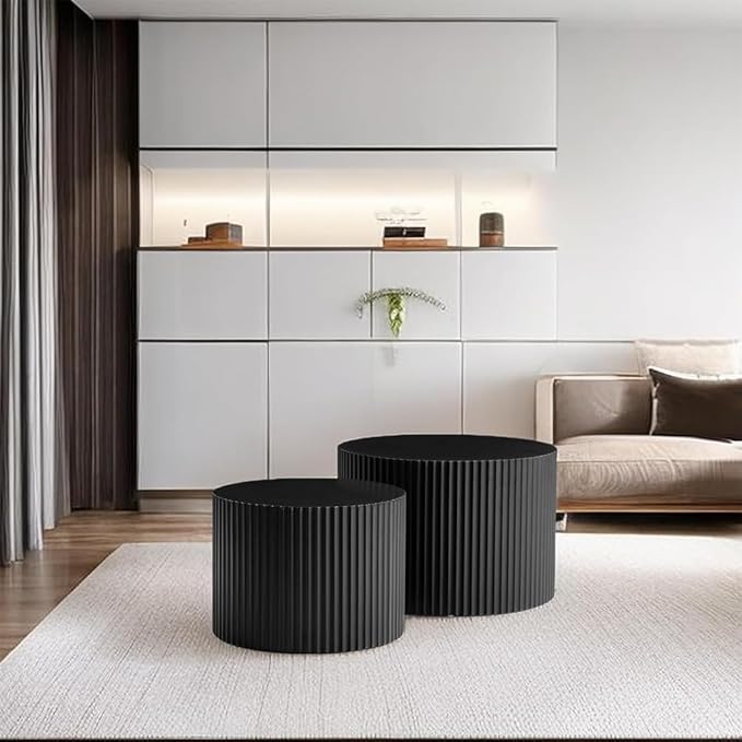 Round Nesting Coffee Table Set of 2 Modern Black Fluted Coffee Table Small Round End Table Side Table Circular Coffee Tables Circle Nested Coffee Tables for Living Room (Black Small)