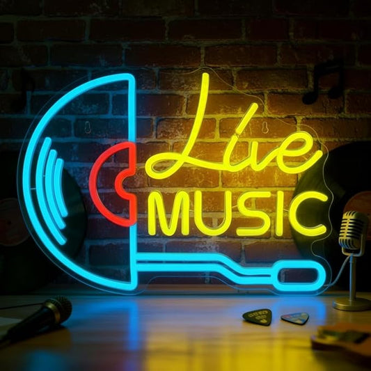 Live Music Neon Sign Handcrafted LED Neon Lights for Bar, Man Cave, Nightclub & Music Room, USB Powered Acrylic Neon Sign for Home Bedroom, Music Stadio & Party Vibes
