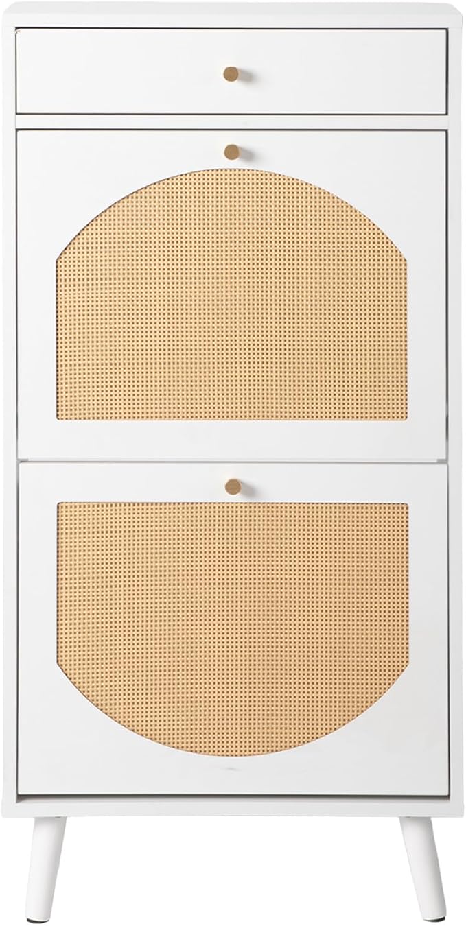 VINGLI Rattan Shoe Cabinet, White Slim Shoe Storage Cabinet for Entryway, Modern Boho 2 Flip Drawer Shoe Rack Organizer with Top Drawer, Narrow Hidden Shoe Storage for Hallway, 21.3" W x 9.4" D