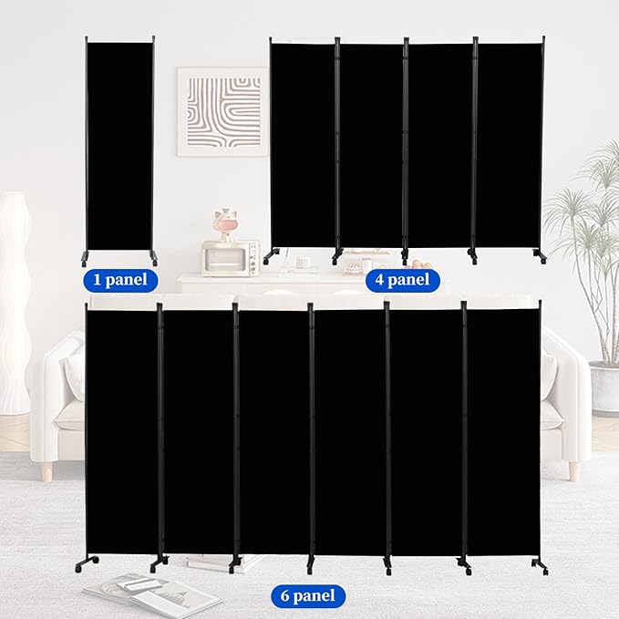Room Divider 6FT Room Partition with Lockable Wheels, (Thicked Metal Base) Room Dividers, Freestanding Indoor Folding Privacy Screens, Portable Fabric Wall Divider for (Black, 21.5"- 1 Panel)