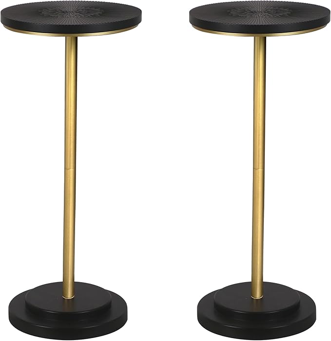 COVLON Drink Table Set of 2, Small Round Pedestal Side Table with Carved Top for Living Room, Bedroom, Small Space, Corners and Office, Gold and Black