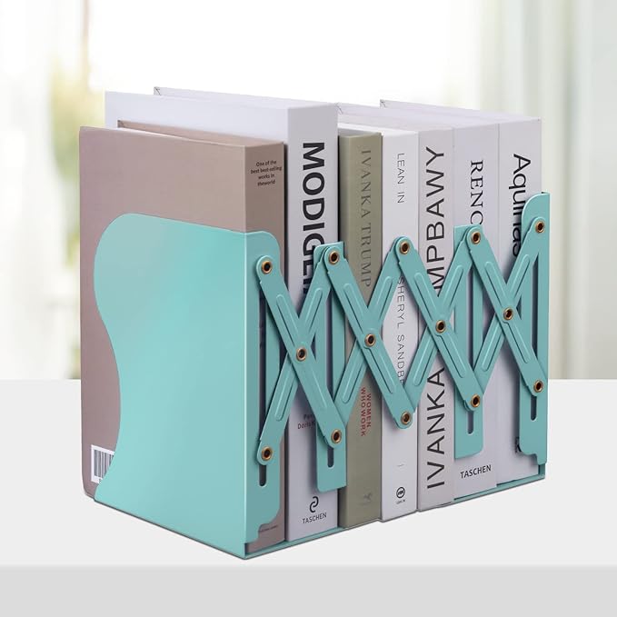 Honagu Adjustable Bookends, Metal Book Ends for Shelves Heavy Book, Desk Magazine File Organizer for Home, Office, Books, Papers, Extends up to 19 inches, Gifts for Students,Teachers (Light Green)
