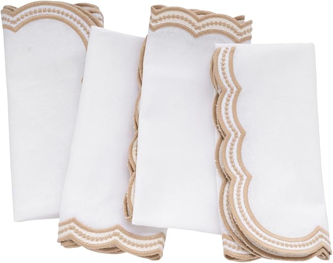 White Napkins with Gold Trim, 100% Cotton, Beige and White Scalloped Embroidery Cloth Napkins Washable Table Dinner for Hotel Restaurant Weddings Events Parties, Set of 4, 18x18
