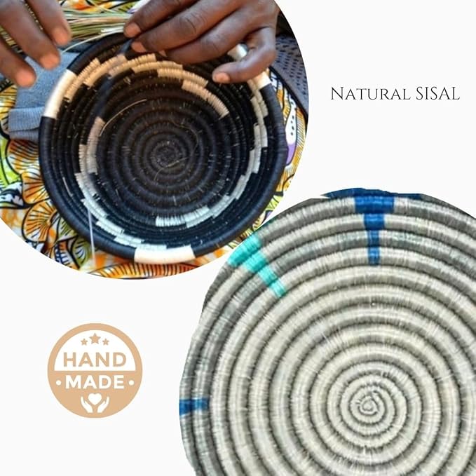 Handwoven African Sisal Basket Bowl Handmade Woven Fruit Bowl, Decorative Wall Basket for Home Décor, Living Room Centerpiece Gifts Zen Design Arts and Crafts (Light Green Black Cream, 8in diameter)