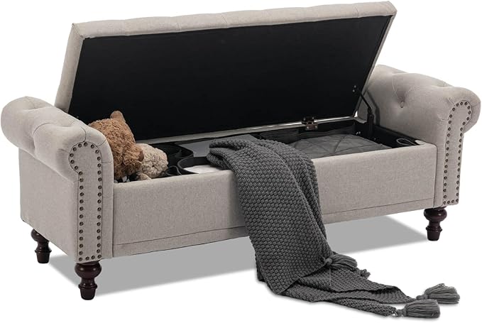 SOFTHION 58.1" Storage Bench Upholstered Linen End of Bedroom Bed Bench Ottoman with Tufted Cushioned Rolled Arm Large Storage Space for Reading Living Room Entryway, Light Brown