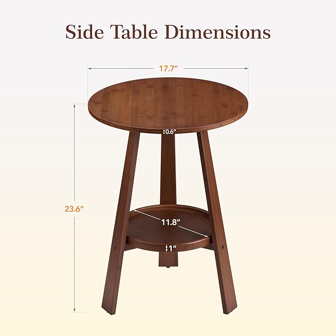 Bamboo Round End Table with Storage Shelf, 2-Tier Mid-Century Modern Accent Table, Small Space Side Table Nightstand for Living Room Bedroom Sofa