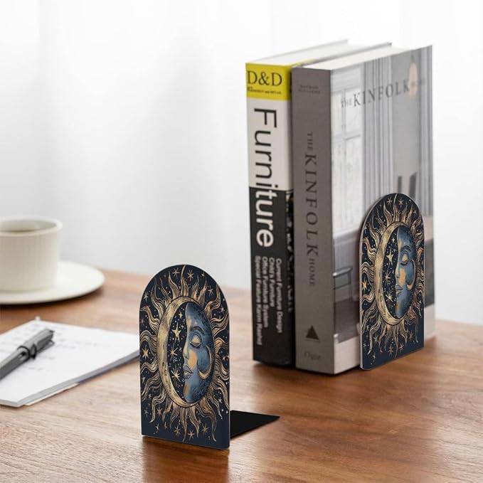 Galaxy Black Sun Moon 2Pcs Book Ends for Shelves Non-Skid Wood Bookends Decorative Back to School Books Holders Book Stoppers Bookshelf Accessories for Desk Home Office School Decor (1 Pair)