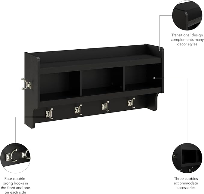 Bush Home Woodland 40W Wall Mounted Coat Rack with Shelf in Black Suede Oak | Cubbies and Hooks for Entryway, Mudroom, Foyer Storage