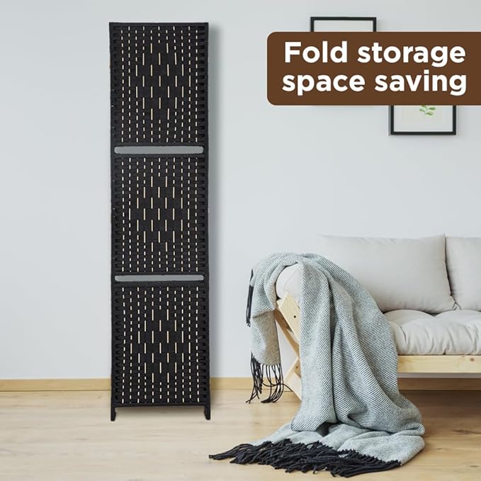Room Divider 6 Panel Room Screen Divider Wooden Screen Folding Portable Partition Screens Wood with Removable Storage Shelves Color, Black