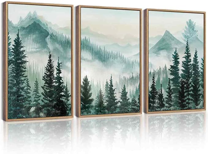 KUVIOKE Fog Pine Tree Mountain Landscape Framed Wall Art Watercolor Nature Misty Forest Painting Vintage Farmhouse Rustic Wall Decor for Bedroom Hallway 16x24in (Natural Framed)