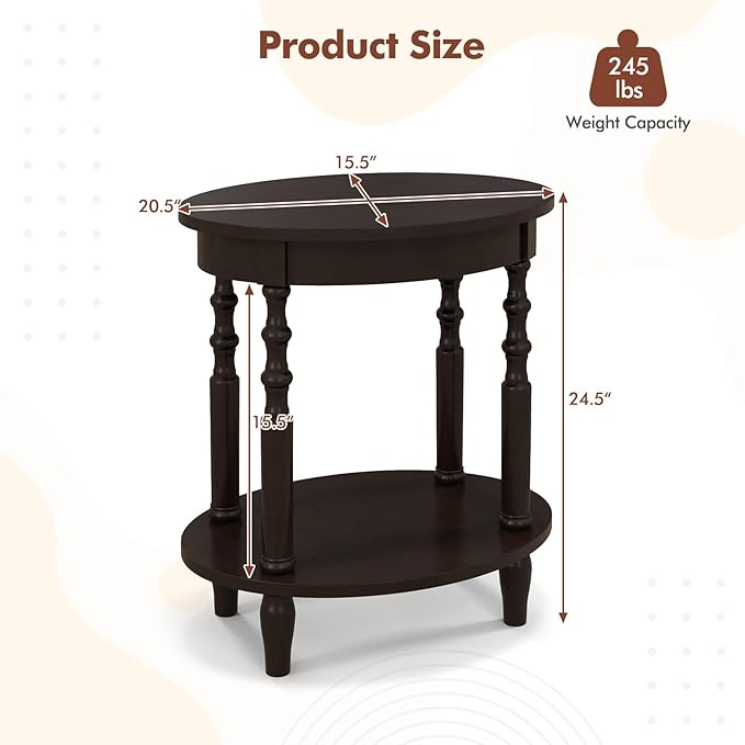 Giantex Oval End Table, 2-Tier Side Table with Storage Shelf & Solid Wood Legs, Modern Living Room Accent Table, Wood Nightstand for Bedroom, Small Space, 20.5" L x 15.5" D x 24.5" H, Espresso