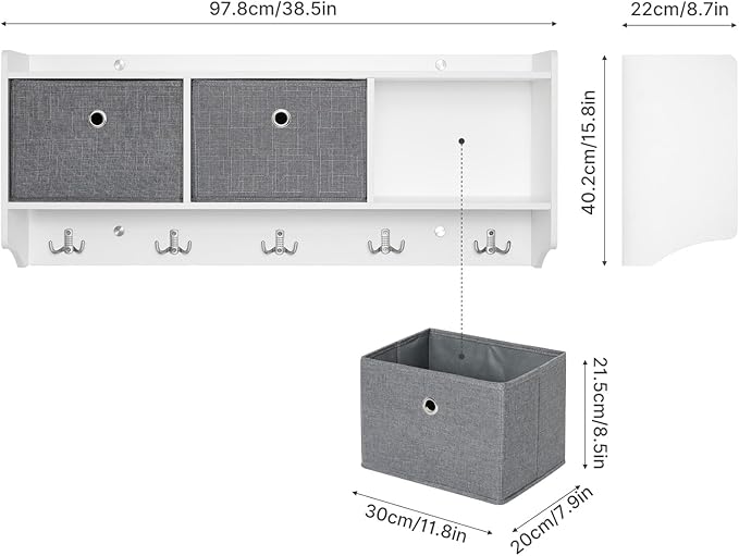 Mondeer Coat Rack with Shelf, Storage Unit Wall Mounted with 3 Baskets 5 Hooks Wooden Modern Style for Hallway Entryway Living Room, 38.5'' x 15.8'' x 8.7'', White